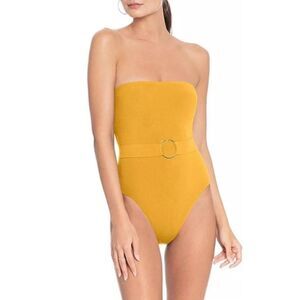 Robin Piccone Luca Bandeau Strapless One Piece Swimsuit Belted Mustard Womens 10